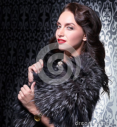 Portrait of elegant brunette retro woman wearing silver fox fur over vintage background Stock Photo