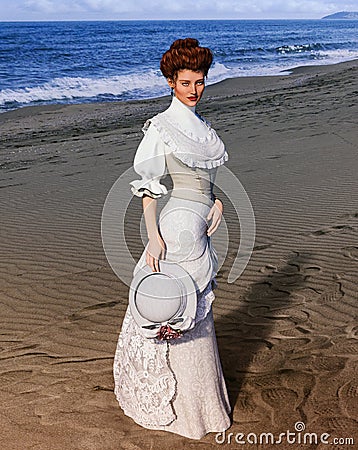 Portrait of an elegant Jane Austen style woman at the beach Stock Photo