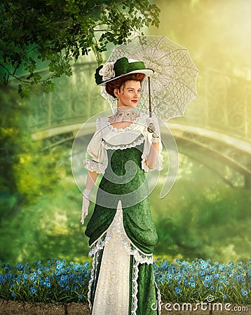 Portrait of an elegant Jane Austen style woman stroling in a park Stock Photo