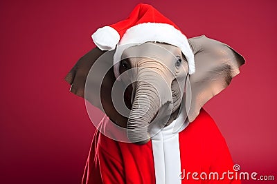Portrait of an Elephant Dressed in a Red Santa Claus Costume in Studio with Colorful Background Stock Photo