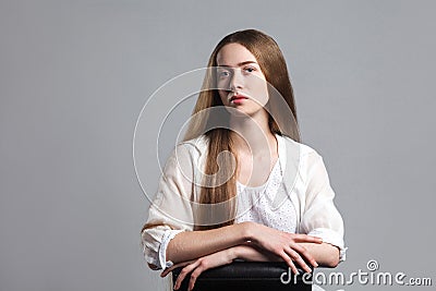 Portrait of emotional beautiful young model actor with long brow Stock Photo