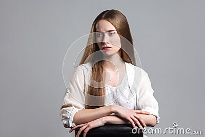 Portrait of emotional beautiful young model actor with long brow Stock Photo