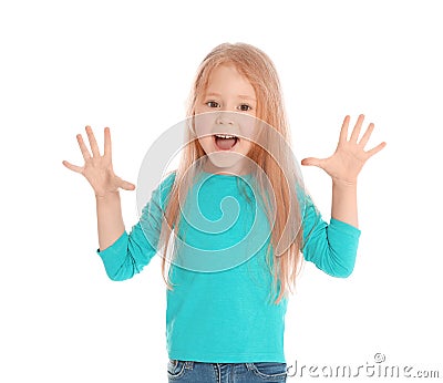 Portrait of emotional little girl in casual outfit Stock Photo