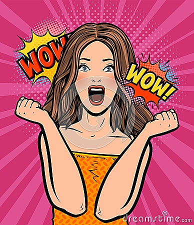 Portrait of an emotional surprised young woman. Wow retro comic style vector Stock Photo