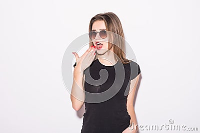 Portrait of emotional young woman on white Stock Photo