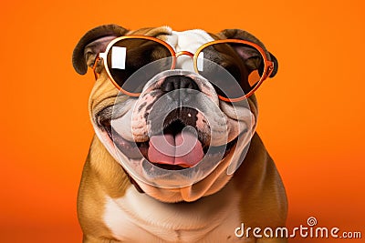 Portrait English Bulldog Dog With Sunglasses Orange Background Stock Photo