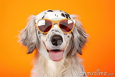 Portrait English Setter Dog With Sunglasses Orange Background Stock Photo
