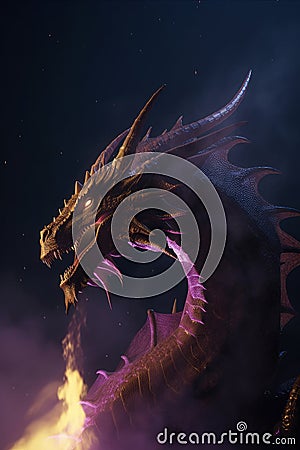 Portrait of an epic dragon, in a glowing purple mist, with glowing eyes Stock Photo