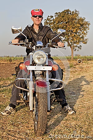 Portrait of European Biker in India Stock Photo