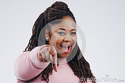 Portrait, excited and black woman pointing at you for choice, selection and face in studio isolated on a white Stock Photo