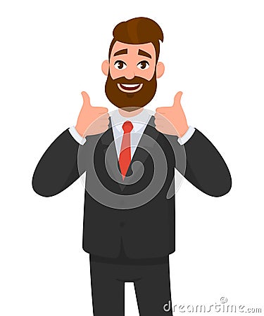 Portrait of excited business man dressed in black formal wear showing thumbs up sign. Deal, like, agree, approve, accept. Vector Illustration
