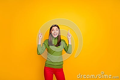 Portrait of excited crazy girl promoter look incredible sales discounts recommend promo indicate adverts wear stylish Stock Photo