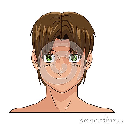 Portrait face manga anime boy brown hair green eyes Vector Illustration