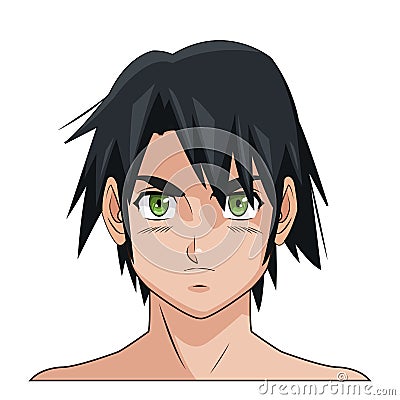 Portrait face manga anime male black hair green eyes Vector Illustration