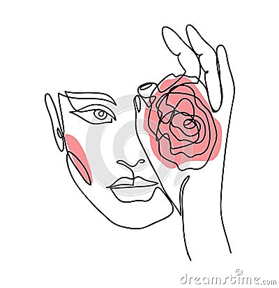 Portrait, face with rose. One continuous line art woman, girl. Vector Illustration