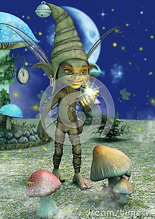 Portrait of fairy tale pixie male with a mystic light in his finger. Stock Photo