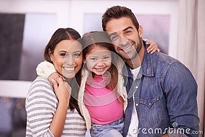 Portrait, family or smile in home, real estate or mortgage as bonding together outside new property. Papa, mama or girl Stock Photo