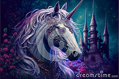 A portrait of a fantastic unicorn against a background of flowering plants and a castle. Illustration created with Generative AI Stock Photo