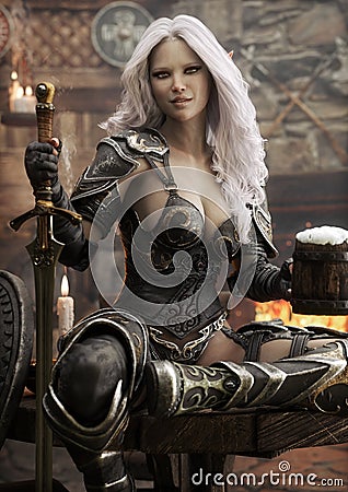 Portrait of a fantasy warrior Dark Elf female with white hair,relaxing in a medieval tavern with ale after a long journey. Stock Photo
