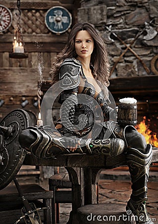 Portrait of a fantasy warrior female relaxing in a medieval tavern with ale after a long journey. Stock Photo