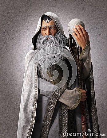 Portrait of a fantasy white wizard with a staff and a backdrop background. Stock Photo