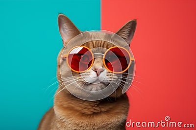 portrait fashion neon pet funny cat animal sunglasses colourful cute. Generative AI. Stock Photo