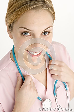 Portrait Of Female Doctor With Stethescope Stock Photo