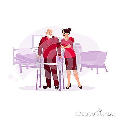 Portrait of a female nurse helping an elderly male patient in the nursing home using walker crutches. Vector Illustration