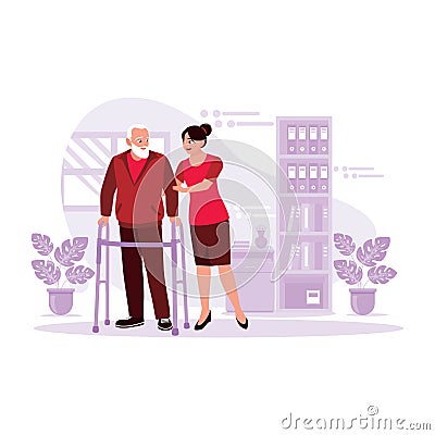 Portrait of a female nurse taking care of elderly patients and helping to walk using walker crutches. Vector Illustration