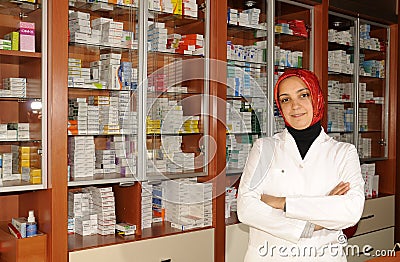 Portrait of a female pharmacist at pharmacy Editorial Stock Photo