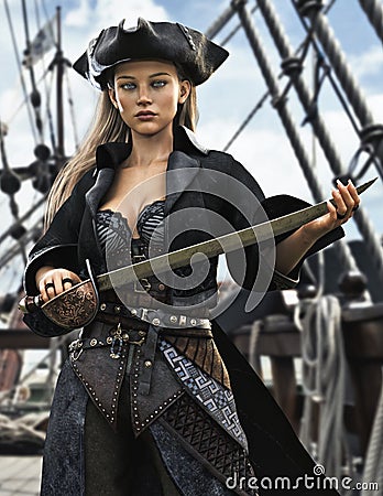 Portrait of a female pirate mercenary standing on the deck of her ship armed and ready for battle. Stock Photo