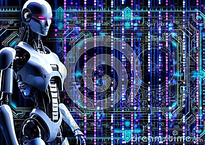 Portrait of a female robot against a hi-tech abstract background with neon lights and schemes. Cartoon Illustration