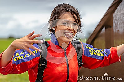 Portrait of Female Skydiver, Beginner's Nerves after first skydiving experience. Editorial Stock Photo