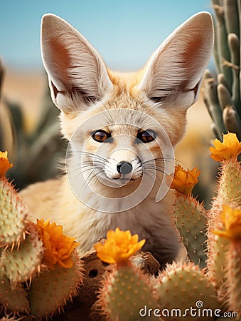 Portrait of a fennec desert fox (Vulpes zerda) with cactus flowers Stock Photo