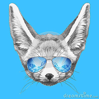 Portrait of Fennec Fox with mirror sunglasses. Cartoon Illustration