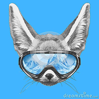 Portrait of Fennec Fox with ski goggles. Cartoon Illustration