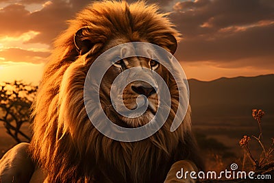 Portrait of large male lion king in African savannah Stock Photo