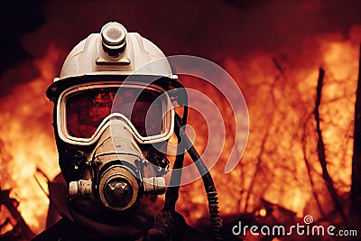 Portrait of a firefighter in a protective mask standing in the middle of a fire Stock Photo
