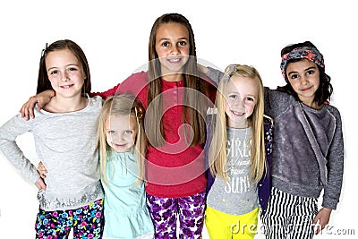 Portrait of five girls standing arm in arm happy beautiful Stock Photo