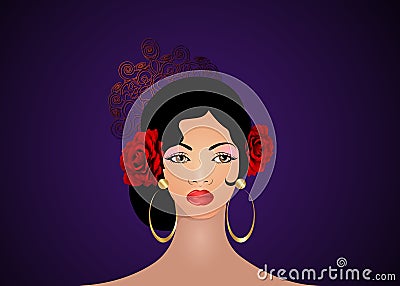 Portrait of flamenco woman beautiful girl, Spanish style. Latin Lady wearing gold folk accessories peineta, golden comb, red rose Vector Illustration