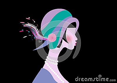 Portrait of flapper girl with hat. Art Deco, retro party, vintage woman 1920 style, invitation template design. Vector isolated Vector Illustration