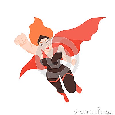 Portrait of flying superwoman or superheroine. Redhead woman with super powers isolated on white background. Strong Vector Illustration