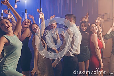 Portrait of formally-dressed people person youth move dance floor listen enjoy dj holidays dressed suit stylish trendy Stock Photo