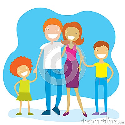 Portrait of four member family posing together and happy smiling Cartoon Illustration