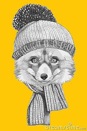 Portrait of Fox with scarf and hat. Cartoon Illustration