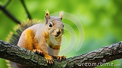 Portrait of fox squirrel (Sciurus niger) sitting on branch isolated on green. generative ai Stock Photo