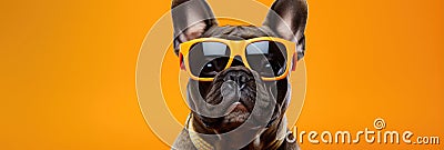 Portrait French Bulldog Dog With Sunglasses Orange Background Breed Standards For French Bulldogs, B Stock Photo