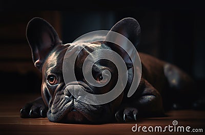 Portrait of a French bulldog lying on the floor at home. Dog mozzle close-up Stock Photo