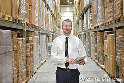 portrait friendly businessman manager in suit working in the warehouse of a company - control of inventories Stock Photo