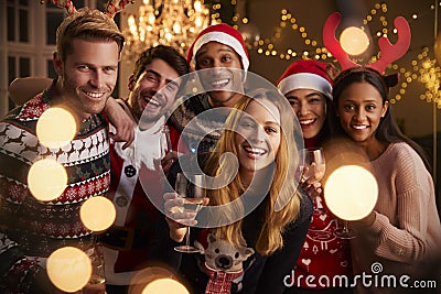 Portrait Of Friends In Festive Jumpers At Christmas Party Stock Photo